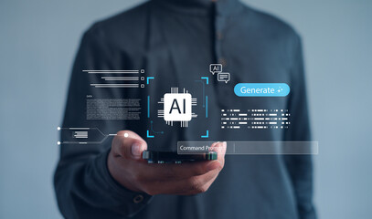 person holding a smartphone with futuristic AI interface graphics, representing artificial intelligence, digital commands, data interaction, and modern technology innovation.
