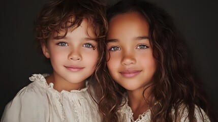Two adorable mixed-race children with curly hair smiling warmly at camera in soft natural lighting. Brother and sister portrait for family lifestyle content.