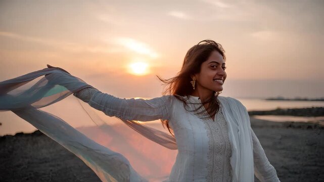 woman wearige white kurta standing on the beach at sunset, with her hair blowing in the wind and holding up a flowing dupatta that is draped over one shoulder