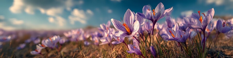 Fototapeta premium Purple crocus flowers blooming in spring meadow with dramatic sky at sunset. Early spring wildflowers emerging from ground in natural landscape setting.