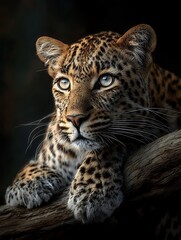 Obraz premium Majestic leopard portrait with piercing blue eyes resting on wooden branch against dark background for wildlife photography and nature designs.