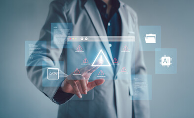 Cybersecurity threat alert concept showing system hacked warnings, data protection risks, digital security interface as professional user interacts with advanced technology to prevent cyber attacks.