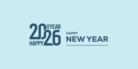 Modern “Happy New Year 2026” typography in bold blue on a light cyan background, clean minimalist holiday banner ideal for greetings, web headers, social media posts.