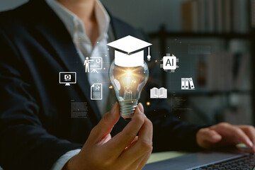Modern education innovation concept with glowing light bulb held by professional, featuring AI, digital learning, online training, knowledge growth, academic development icons.