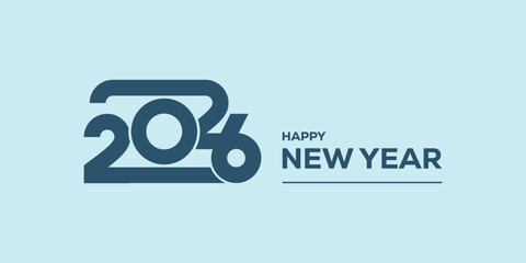 Modern “Happy New Year 2026” typography in bold blue on a light cyan background, clean minimalist holiday banner ideal for greetings, web headers, social media posts. © bibin