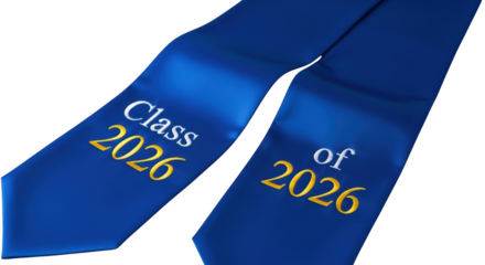 Blue Graduation Stoles with Class of 2026 Text in Gold and White sash education
