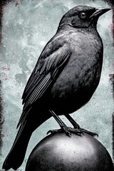 Obraz premium Black Bird perched on a metal ball against grunge texture background