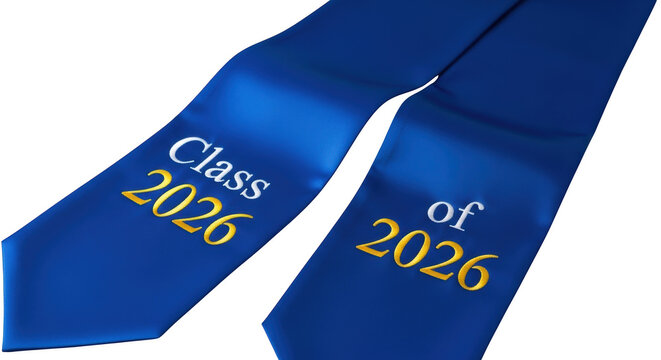 Blue Graduation Stoles with Class of 2026 Text in Gold and White sash education