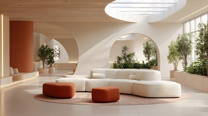 Sustainable warm cream lounge with curved ceiling lines, modular sofa, terracotta textured accents, smart climate control, biophilic touches, serene spatial flow