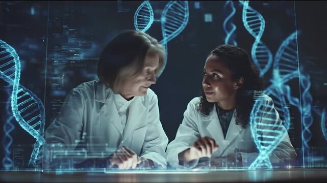 Researchers view DNA strands on a screen, clad in lab coats, studying carefully