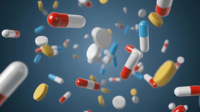 Diverse assortment of pharmaceutical pills and capsules in various colors and shapes, suspended in mid-air against a blue background