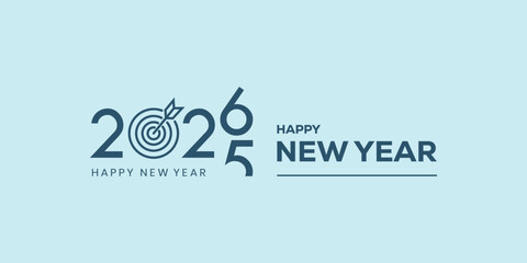 Modern “Happy New Year 2026” typography in bold blue on a light cyan background, clean minimalist holiday banner ideal for greetings, web headers, social media posts. © bibin