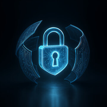 Cyber Security Padlock Icon with Digital Circuit Shields