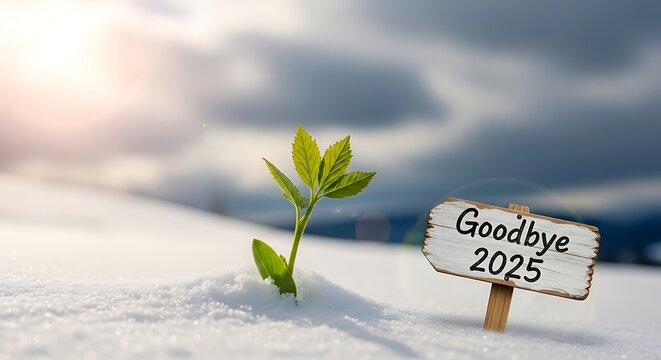 A plant growing in snow near a goodbye sign in winter day