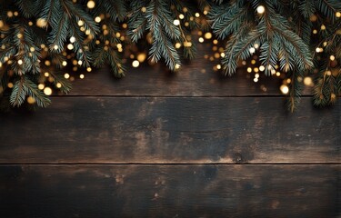 Christmas Decorations with Pine Branches and String Lights on a Rustic Wooden Background
