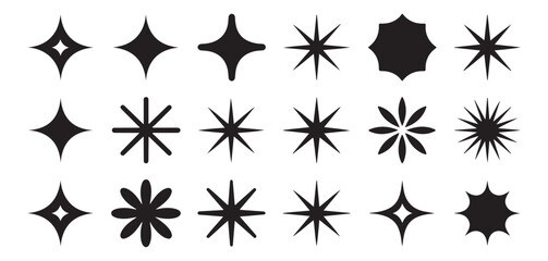 Vector star and flower icons set. Black sparkles, petals, rounded sunbursts, and badge shapes.