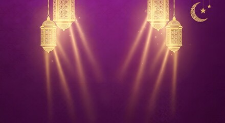 Elegant golden lanterns illuminate a deep purple background with a crescent moon creating a festive ramadan atmosphere and spiritual ambiance