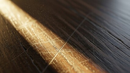 Closeup of scratches and texture on dark wood surface illuminated by sunlight