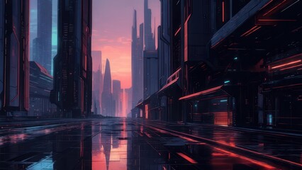 Futuristic cityscape reflecting sunset hues on wet pavement, towering structures pierce the sky