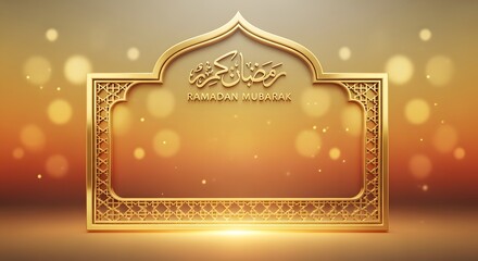 Elegant golden islamic frame with decorative calligraphy and bokeh lights perfect for ramadan greetings or eid mubarak celebrations