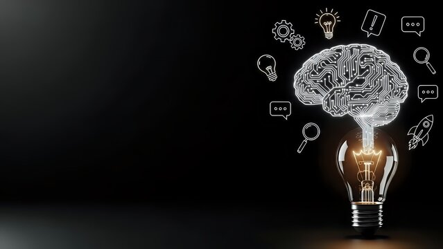 Glowing light bulb with circuit brain and innovation icons on dark background representing creative thinking and technological solutions for business. - Powered by Adobe