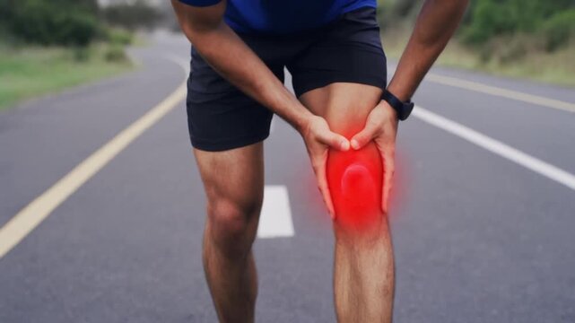 Close-up of a runner's hands clutching their knee, a vivid red glow highlighting intense pain, symbolizing a sudden injury or persistent discomfort encountered during an outdoor workout