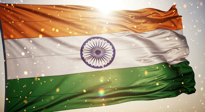 A vibrant and dramatic depiction of the flag of India (the Tiranga), shown waving against a bright, sunlit sky.