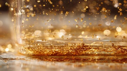 Golden glitter particles falling and settling in a glass container close up