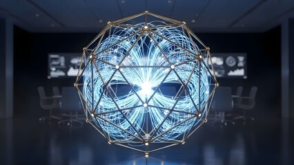 Abstract futuristic molecule 3D render with a technological globe sphere network concept design and light circle decoration