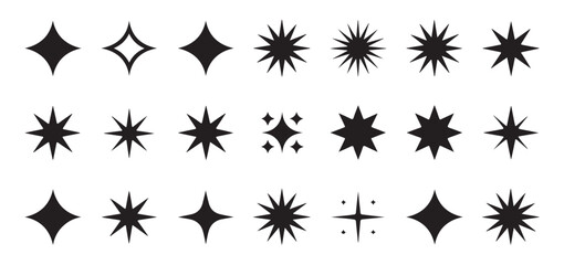 Vector star and sparkle icons set. Black diamond stars, twinkling lights, and geometric silhouettes.