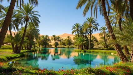 Stunning Desert Oasis Palm Trees Turquoise Water Sand Dunes and Blue Sky Reflection.