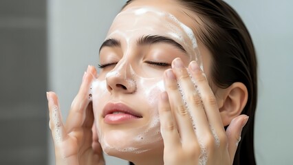 Young woman applying white facial cleanser foam with closed eyes during morning skincare routine in modern bathroom for healthy glowing skin care.