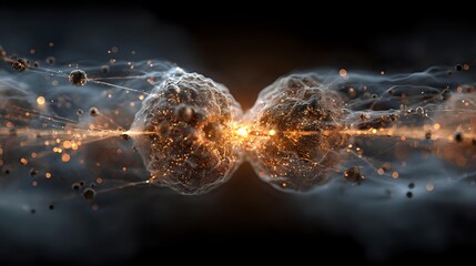 Two glowing spherical objects colliding with explosive energy burst, creating dramatic light effects and particle debris against dark cosmic background.