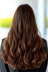 Naklejka premium Woman with long wavy brown hair viewed from behind showing healthy shiny locks with natural highlights and voluminous texture for hair care and beauty concepts.