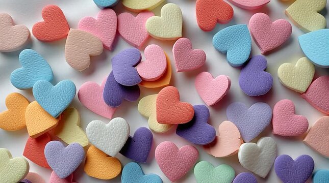 Colorful pastel candy hearts pile with sugar texture background