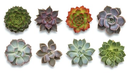 Collection of eight colorful succulent plants arranged in rows on white background, perfect for gardening and botanical design projects.