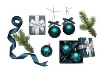 Collection of teal blue christmas ornaments, gift boxes, and fir tree branch elements isolated on transparent background