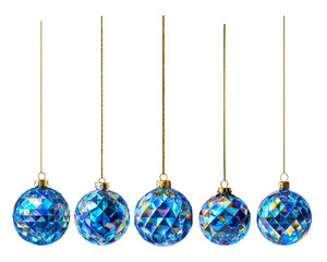 Colorful blue ornaments hanging in a row for holiday decoration during festive season
