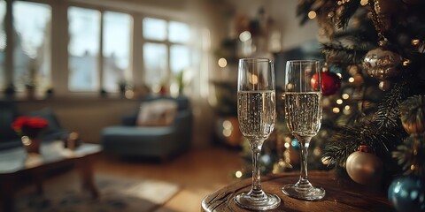 Two champagne glasses filled with sparkling wine on table near decorated Christmas tree in cozy living room with warm lighting for holiday celebration.