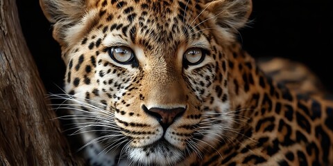 Obraz premium Close-up portrait of majestic leopard with piercing blue eyes and spotted golden fur pattern against dark background for wildlife photography projects.