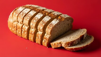 Freshly sliced whole grain bread loaf with seeds on vibrant red background, perfect for healthy eating and bakery marketing campaigns.
