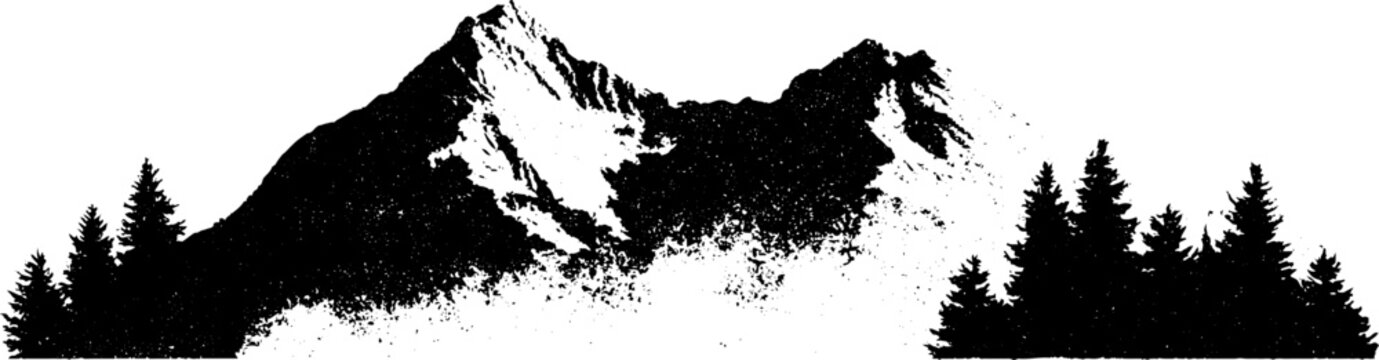 Black and white mountain silhouette with fog and pine trees for artwork or posters