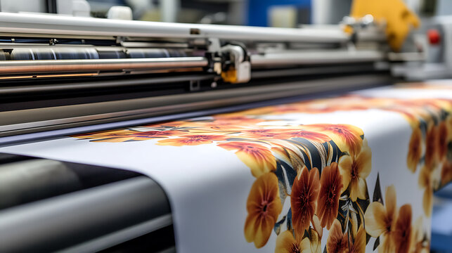 Close-up of a large format printer in action, producing vivid floral patterns on a roll of fabric. The focus on precision and clarity in digital textile production.