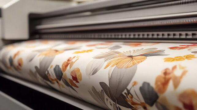 Industrial printer producing a roll of custom-designed floral wallpaper. The pattern is a mix of neutral and orange tones. Printing industry at work, generating home decor.