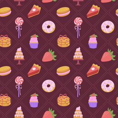 Sweets Bakery Seamless Pattern. Pastry Confectionery on a Brown Background with Cookies, Pie, Donut, Candy, Cupcake, Cake. Vector Illustration for Wrapping paper, Package, Textile Print.
