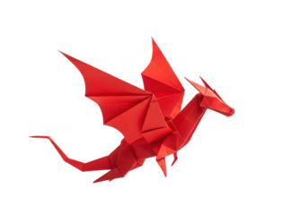 A vibrant red origami paper dragon figure in flight, isolated on transparent background