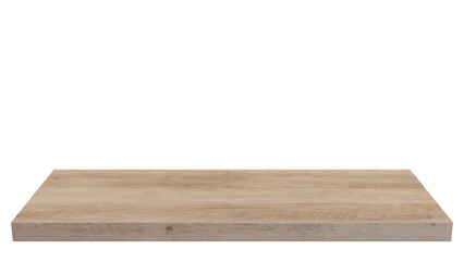 Wooden shelf plank isolated on a transparent background. Clean natural wood texture, minimalistic rectangular surface for product display, interior design, advertising, and mockup scenes. 3d render