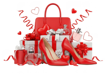 Collection of luxury gifts for valentines day including a red handbag, high heel shoe, perfume bottle, and wrapped present isolated on transparent background