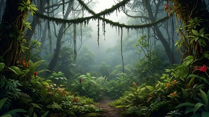 Lush Tropical Rainforest Jungle Path Mysterious Misty Green Wilderness Landscape.