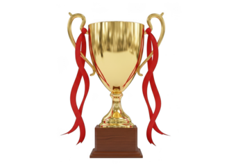 Golden achievement trophy cup with red ribbons attached to handles, isolated on transparent background for award ceremony concept